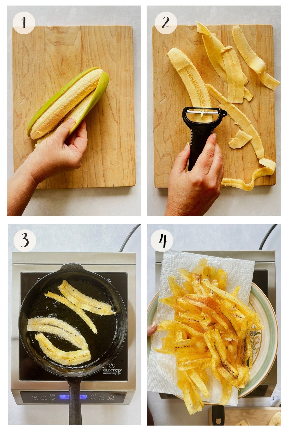 Steps 1-4 for mariquitas: peel a green plantain, slice it into ribbons, fry the ribbons, then drain them on paper towels.