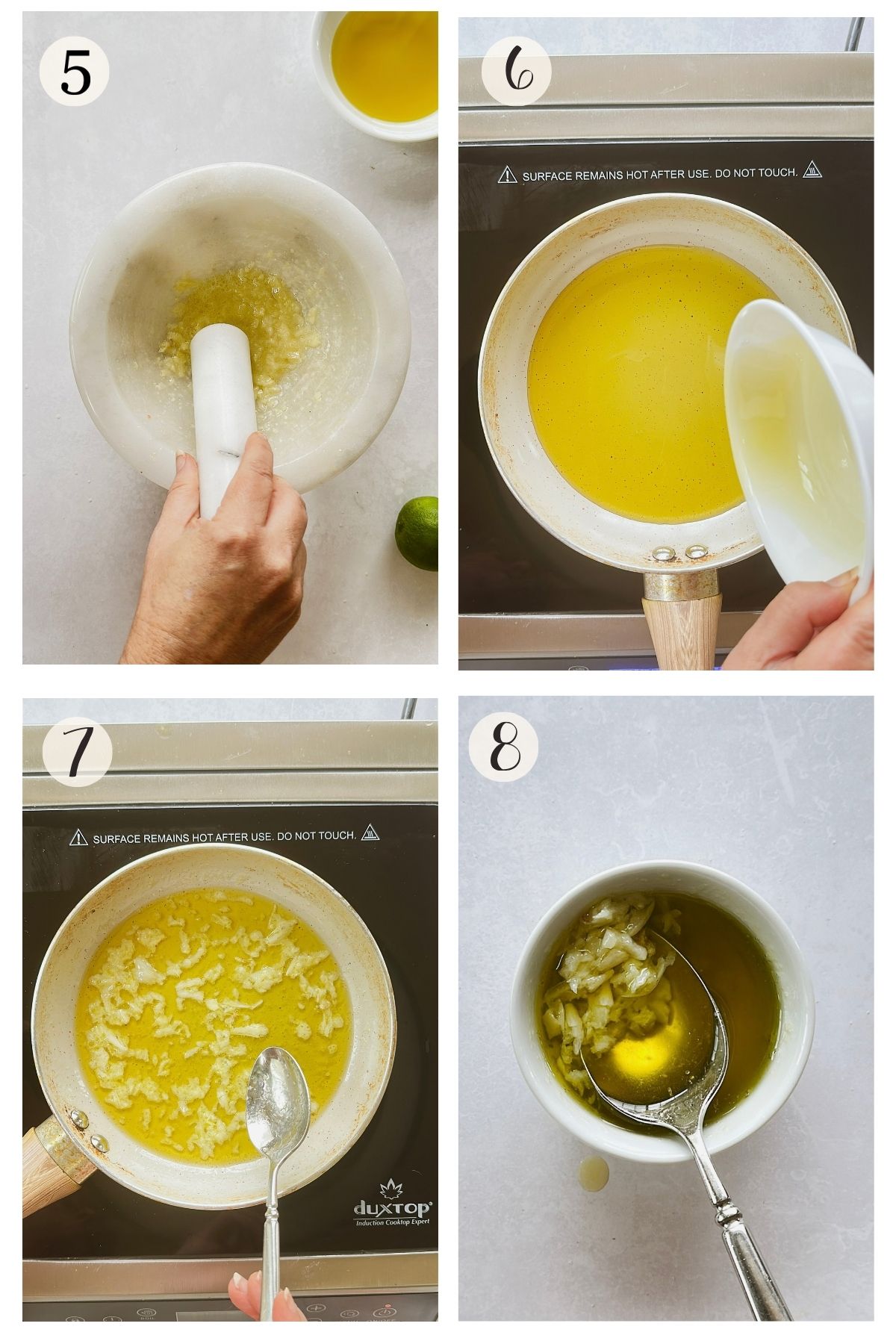 Steps 5-8 for mojo: mash the garlic, warm the olive oil, briefly cook the garlic, then spoon the mojo into a bowl.