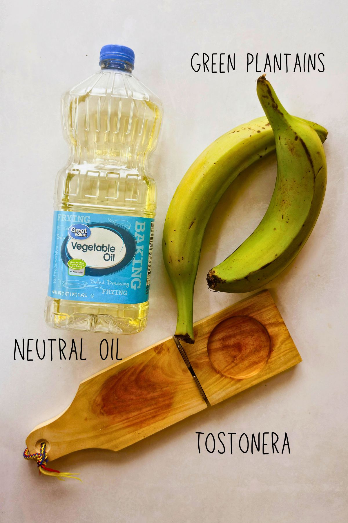 Ingredient layout labeled “Green Plantains,” “Neutral Oil,” and “Tostonera.”