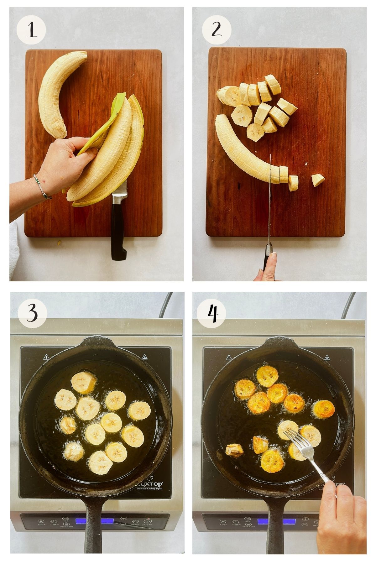 Steps 1–4 for tostones: peel green plantains, cut into rounds, fry, and flip until yellow-gold.