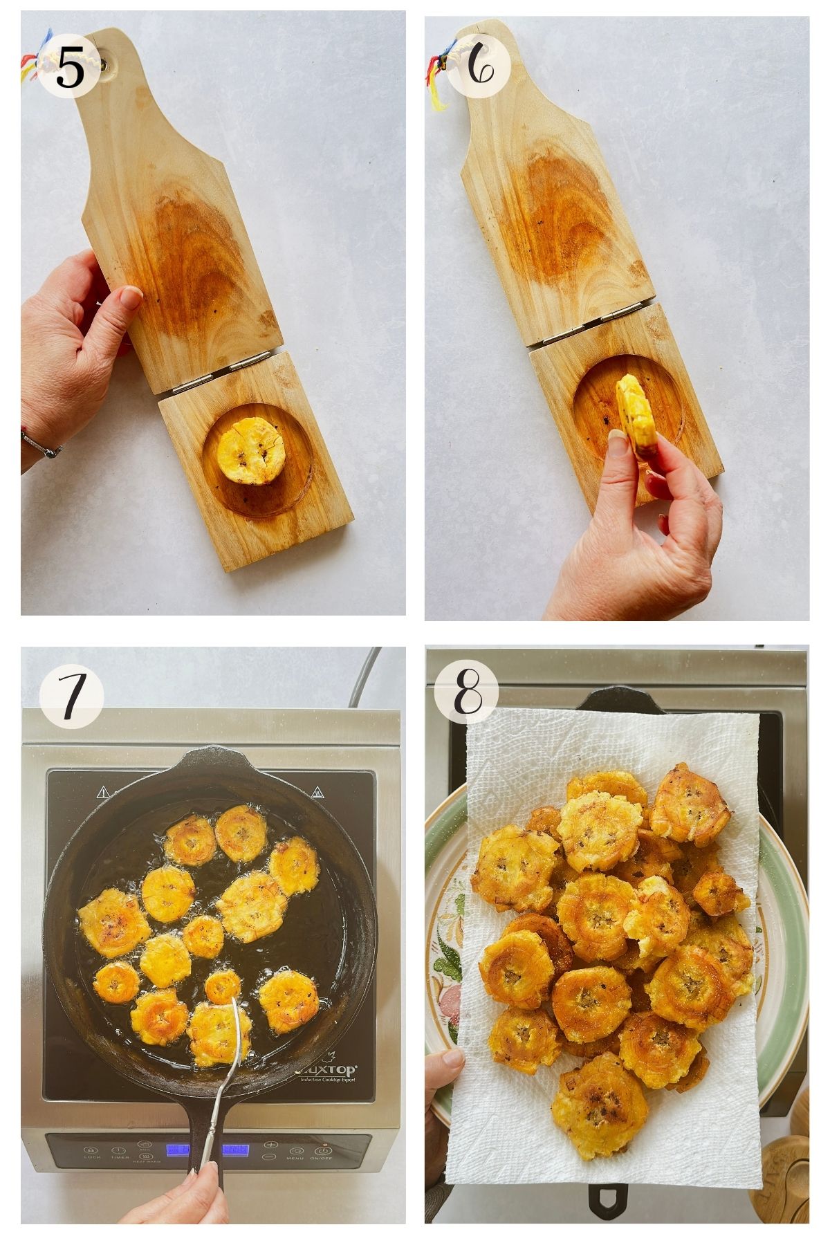 Steps 5–8 for tostones: place rounds in a tostonera, press flat, fry again, and drain on paper towels.