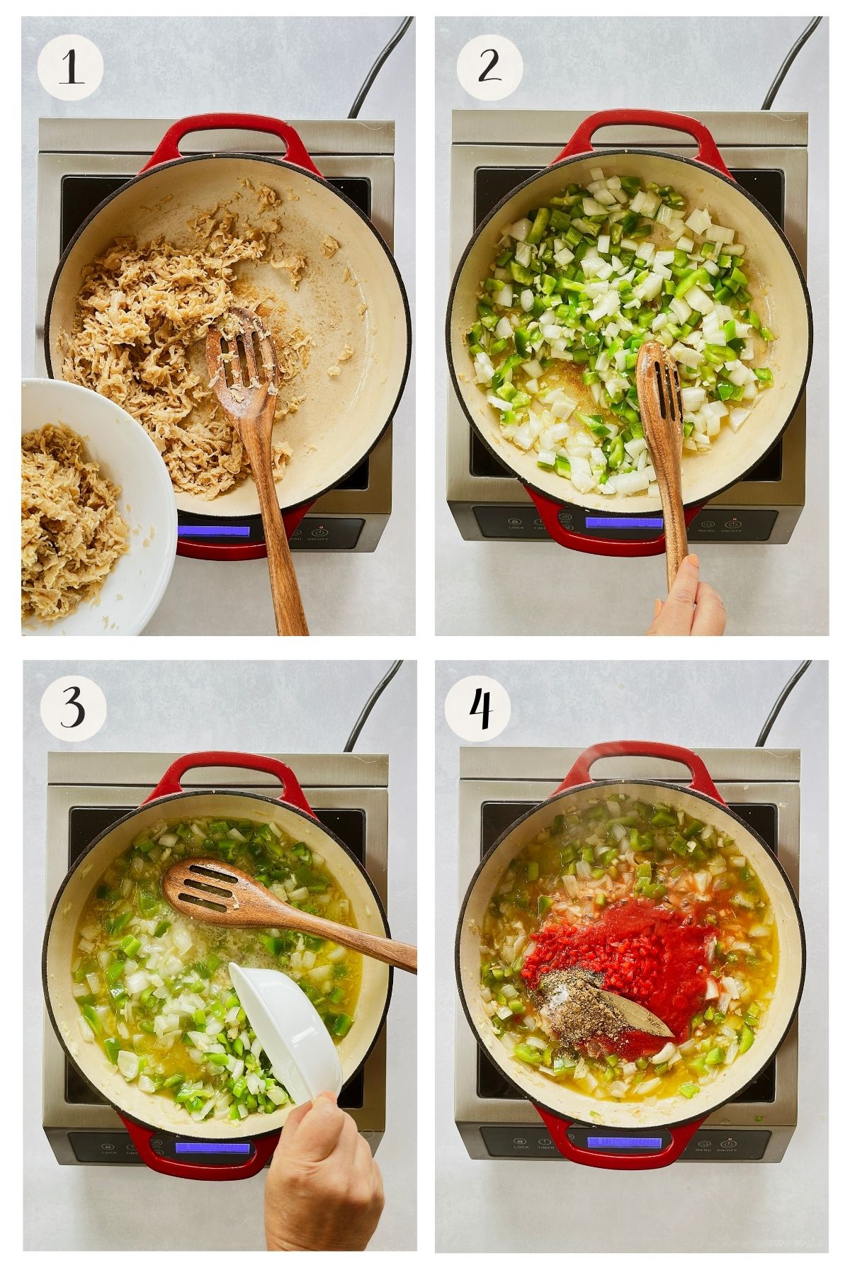 First four steps for Cuban-style vegan arroz con pollo: browning shredded vegan chicken, sautéing onion, garlic, and green pepper, adding cooking wine, then stirring in tomato sauce, sazón, cumin, oregano, pepper, and a bay leaf.