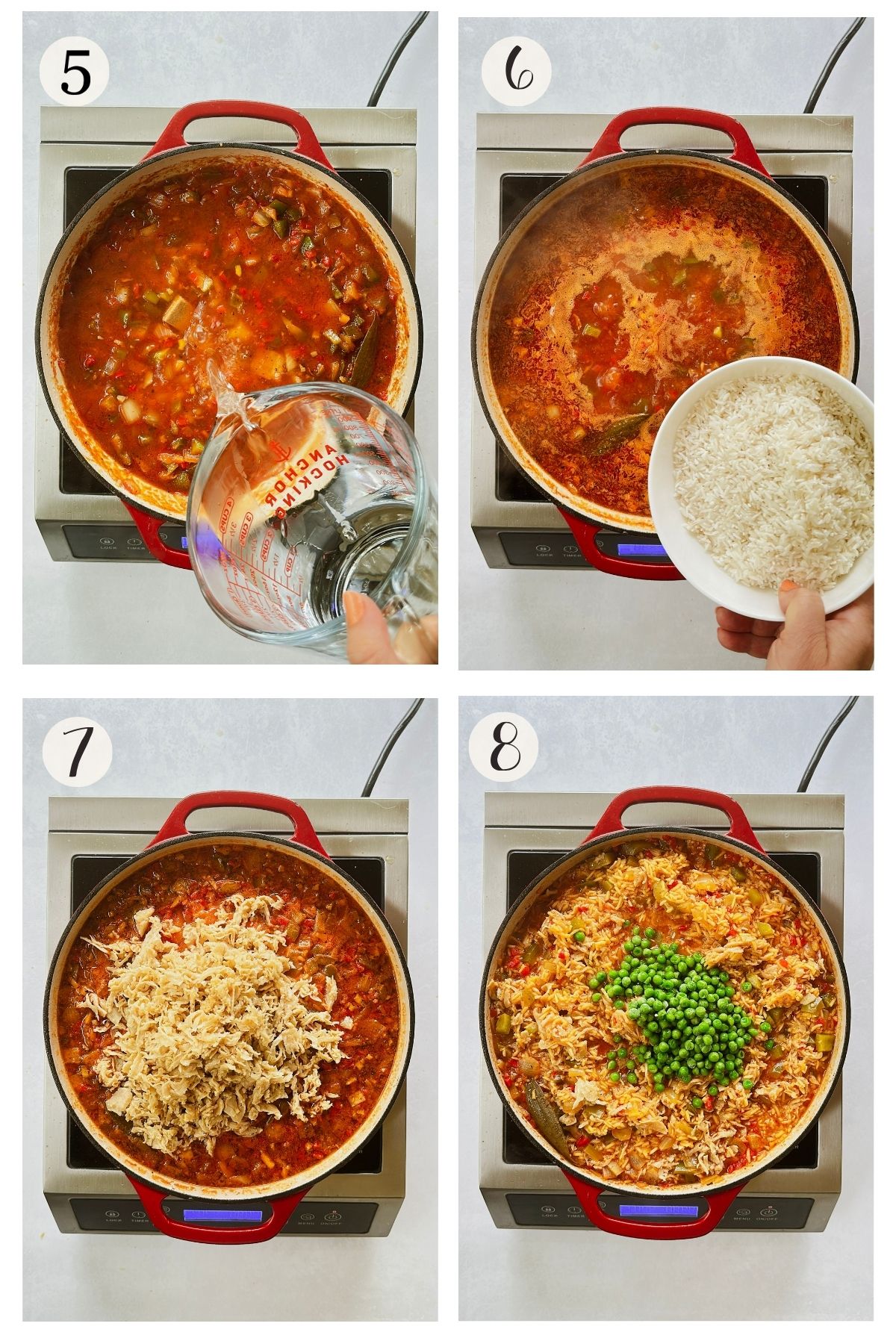 Steps five through eight of vegan arroz con pollo: pouring in bouillon and water, adding rice to the simmering sauce, folding in shredded vegan chicken, and scattering frozen peas over the top.