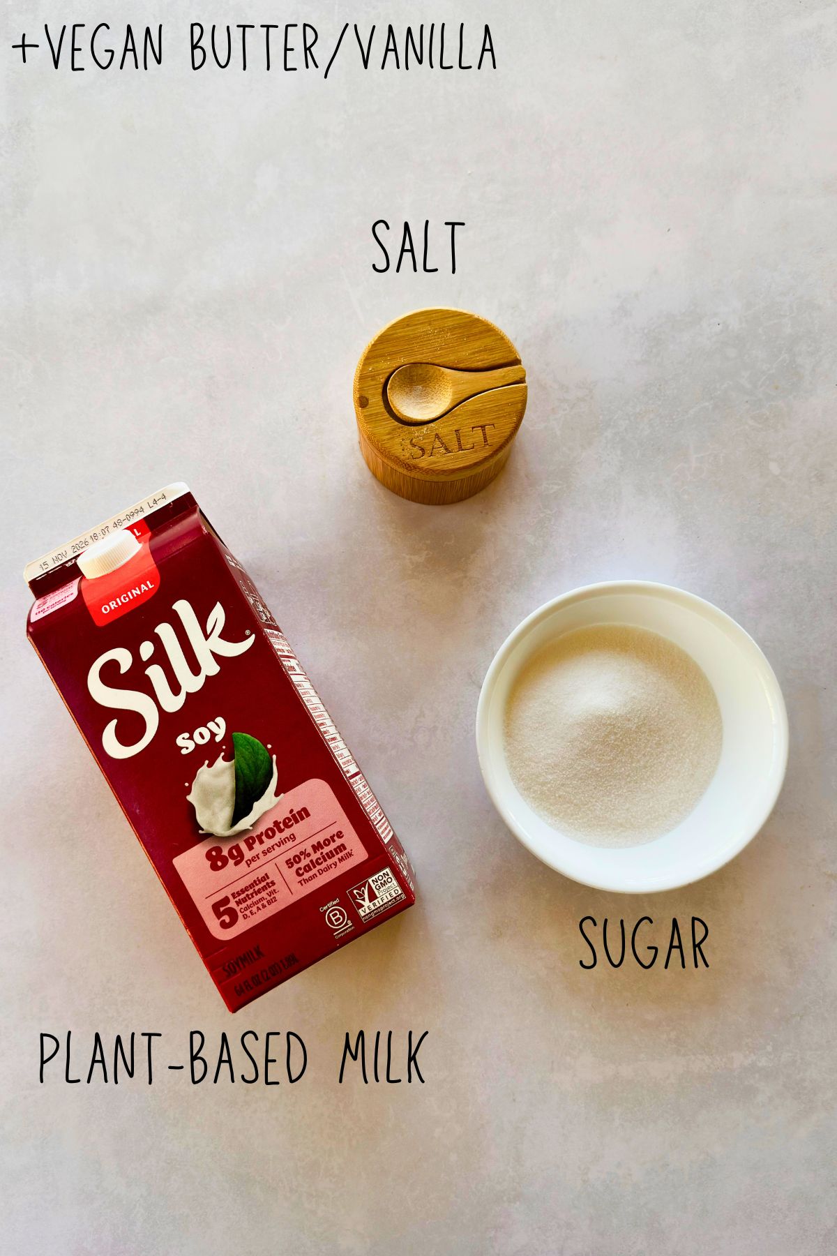 Labeled ingredients for the carton plant-milk version: Silk soy milk, sugar, and salt, with text noting vegan butter and vanilla.