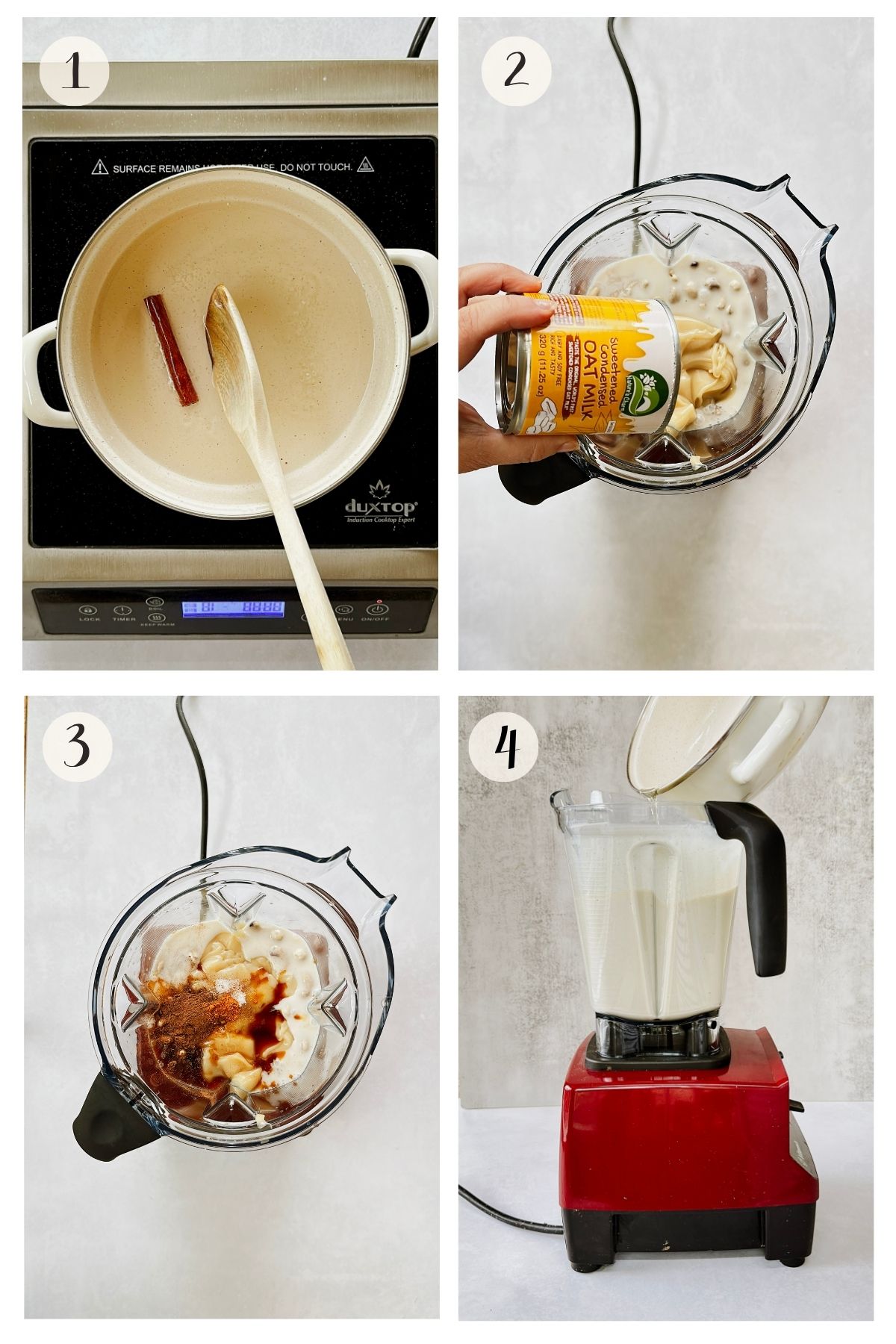 Steps 1-4 for vegan crema de vie: make simple syrup, add cashews and oat milks to a blender, add seasonings, add simple syrup while blending.