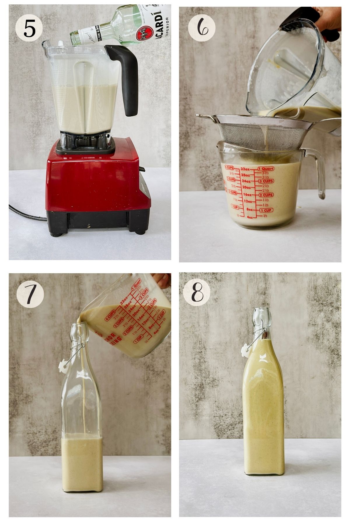 Steps 5-8 for vegan crema de vie: add rum, strain the mixture, pour it into a swing-top bottle, then seal and chill.