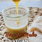 Pinterest graphic reading “How to Make Vegan Condensed Milk - Sweetened & Dairy-Free” over thick golden condensed milk dripping into a jar.