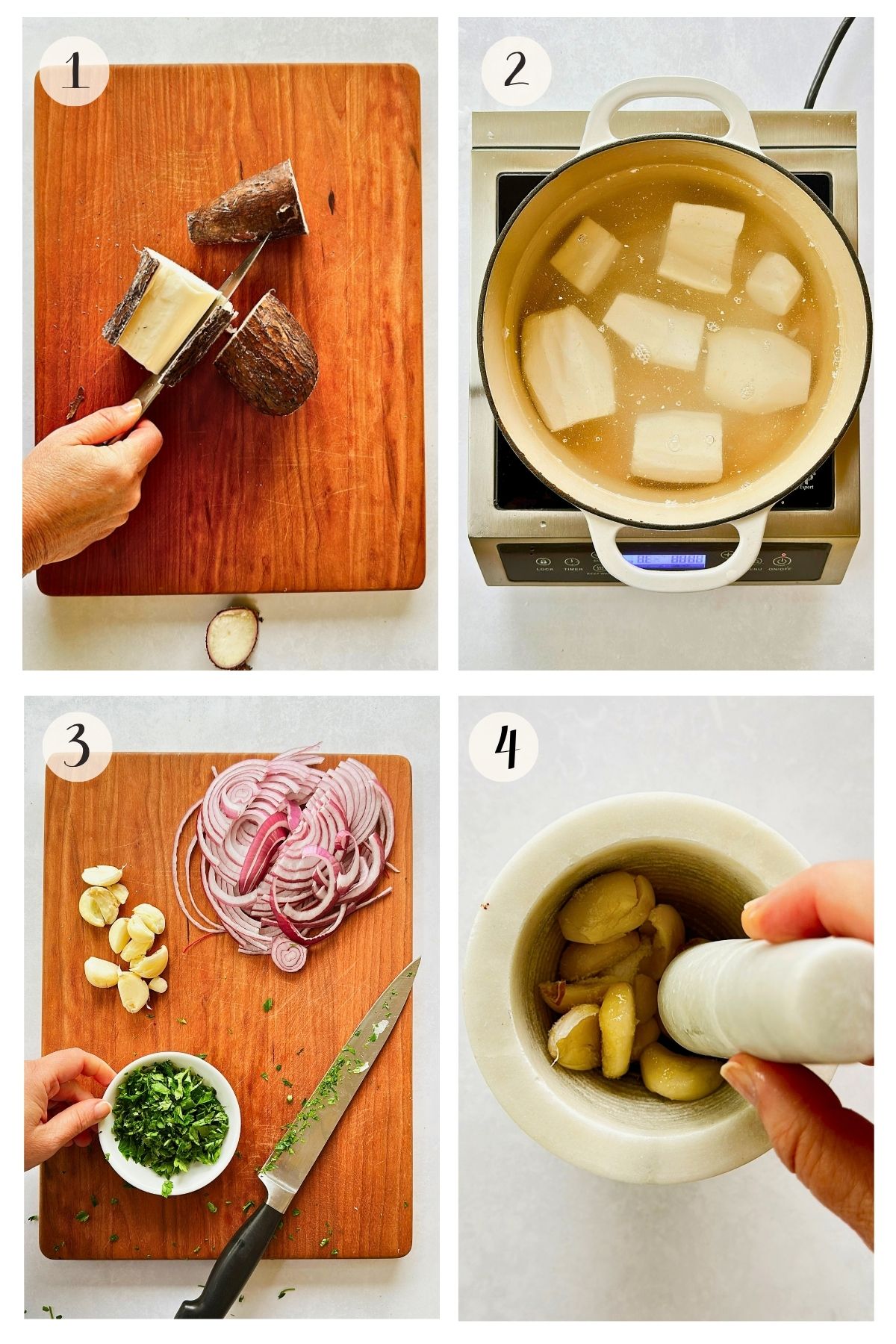Steps 1–4 for yuca con mojo: peel fresh yuca, boil the chunks, slice onion and chop parsley, then mash garlic.