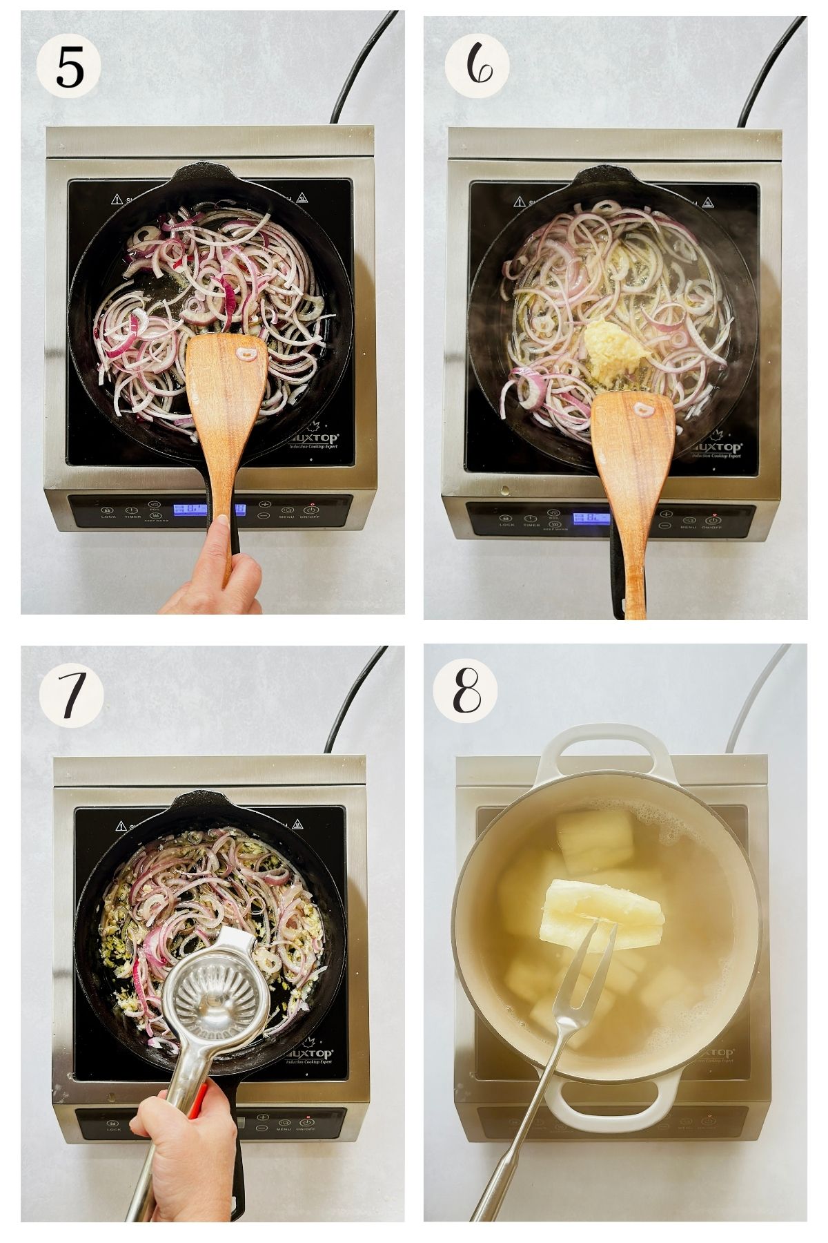 Steps 5–8 for yuca con mojo: sauté onion, add mashed garlic, squeeze in citrus, then test the boiled yuca with a fork.