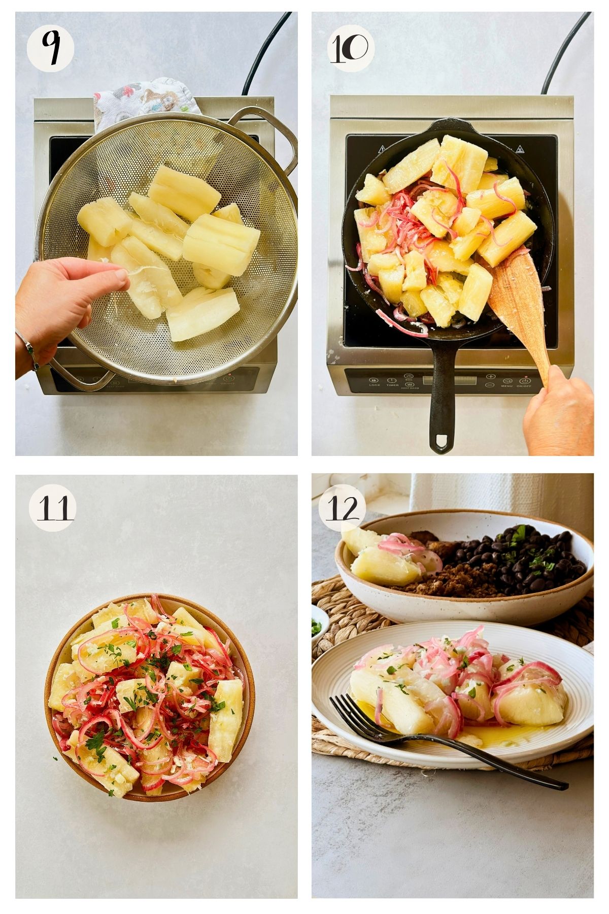 Steps 9–12 for yuca con mojo: drain the yuca, toss it with the mojo, garnish it, then serve it beside black beans.